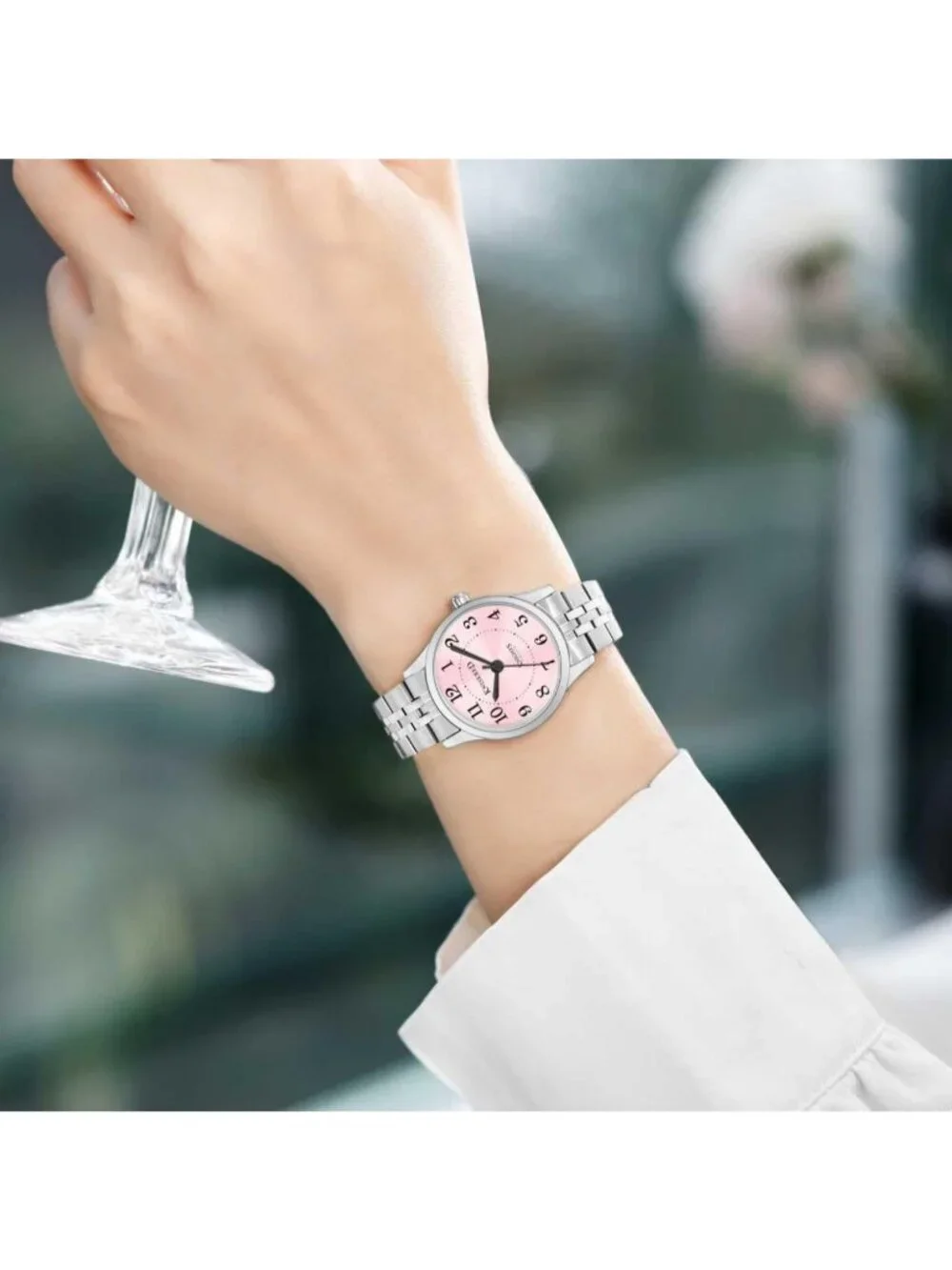 Women's Silver Pink Solid Stainless Steel Band Easy to Read Dial Wrist Watch